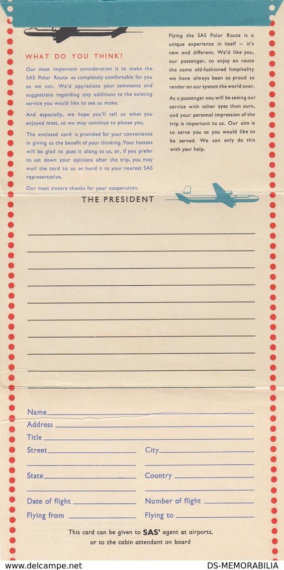 SAS Scandinavian Airlines Passenger Comments And Feedback Paper Form , Stationery - Cancelleria