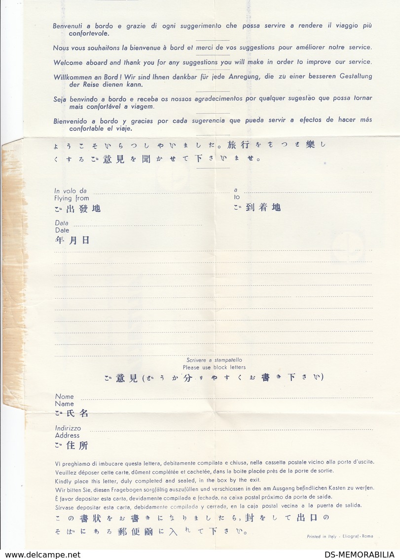 Alitalia Official Passenger Comment Feedback Suggestions Paper Form , Stationery - Stationery