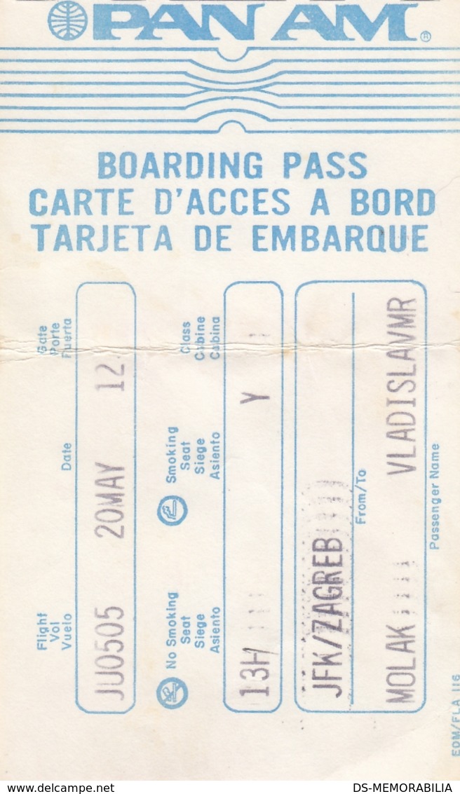 PAN AM Boarding Pass Flight JFK - Zagreb Yugoslavia - Tarjetas De Embarque