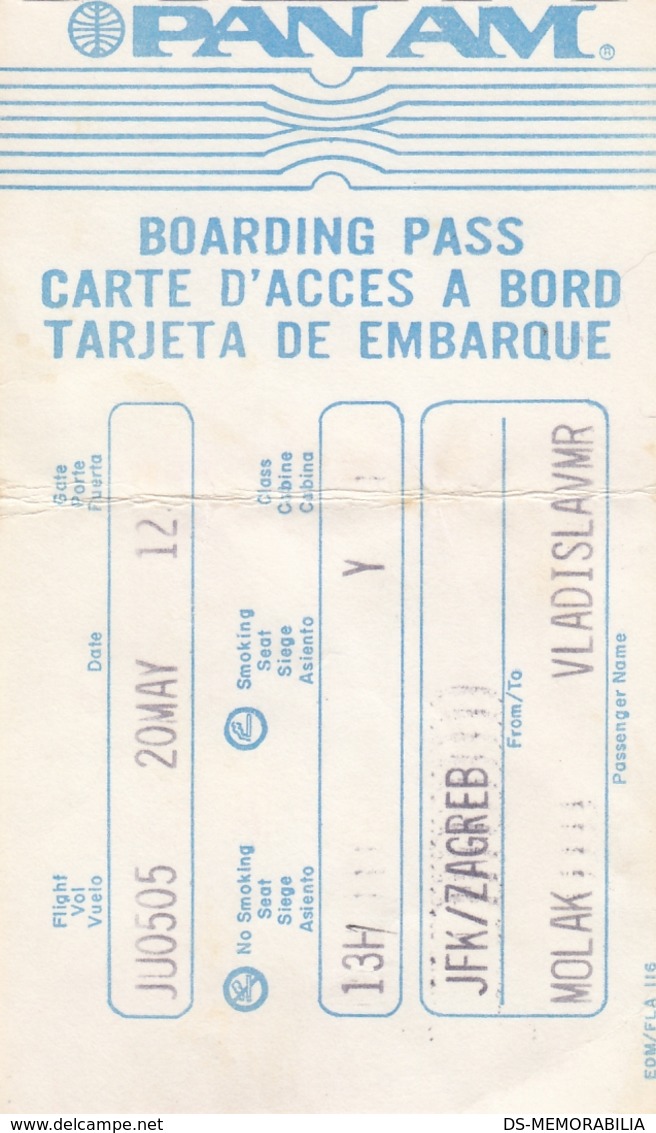 PAN AM Boarding Pass Flight JFK - Zagreb Yugoslavia - Boarding Passes