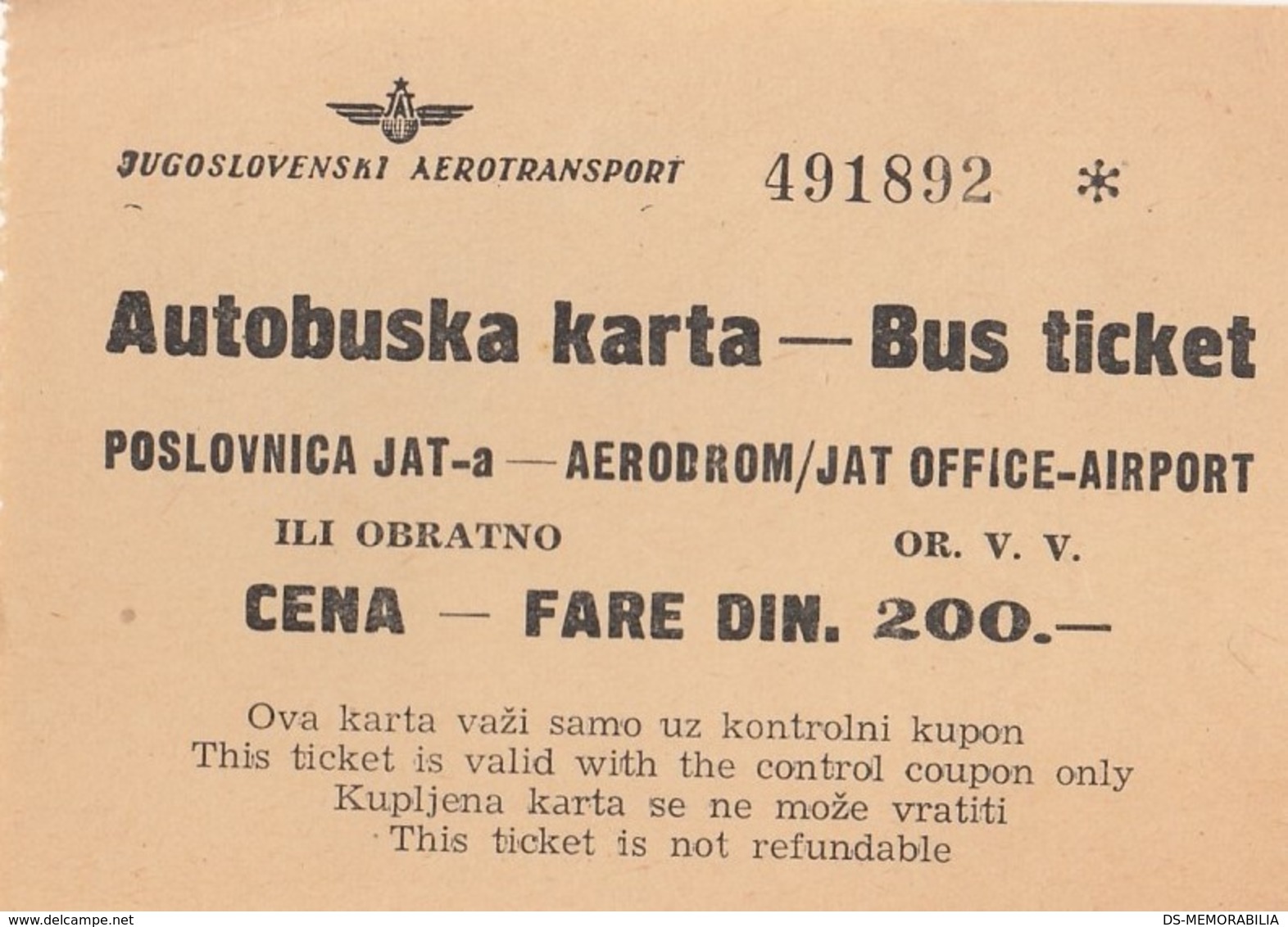 JAT Yugoslav Airlines Bus Ticket To Airport - Tickets