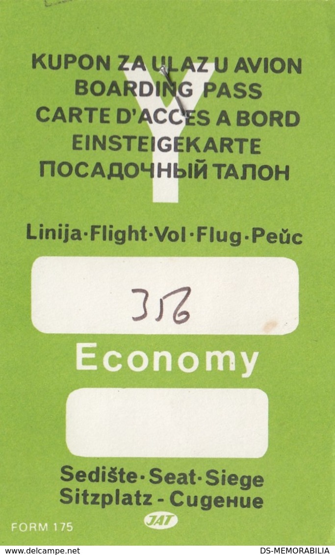 JAT Yugoslav Airlines Boarding Pass Zagreb Airport - Bordkarten