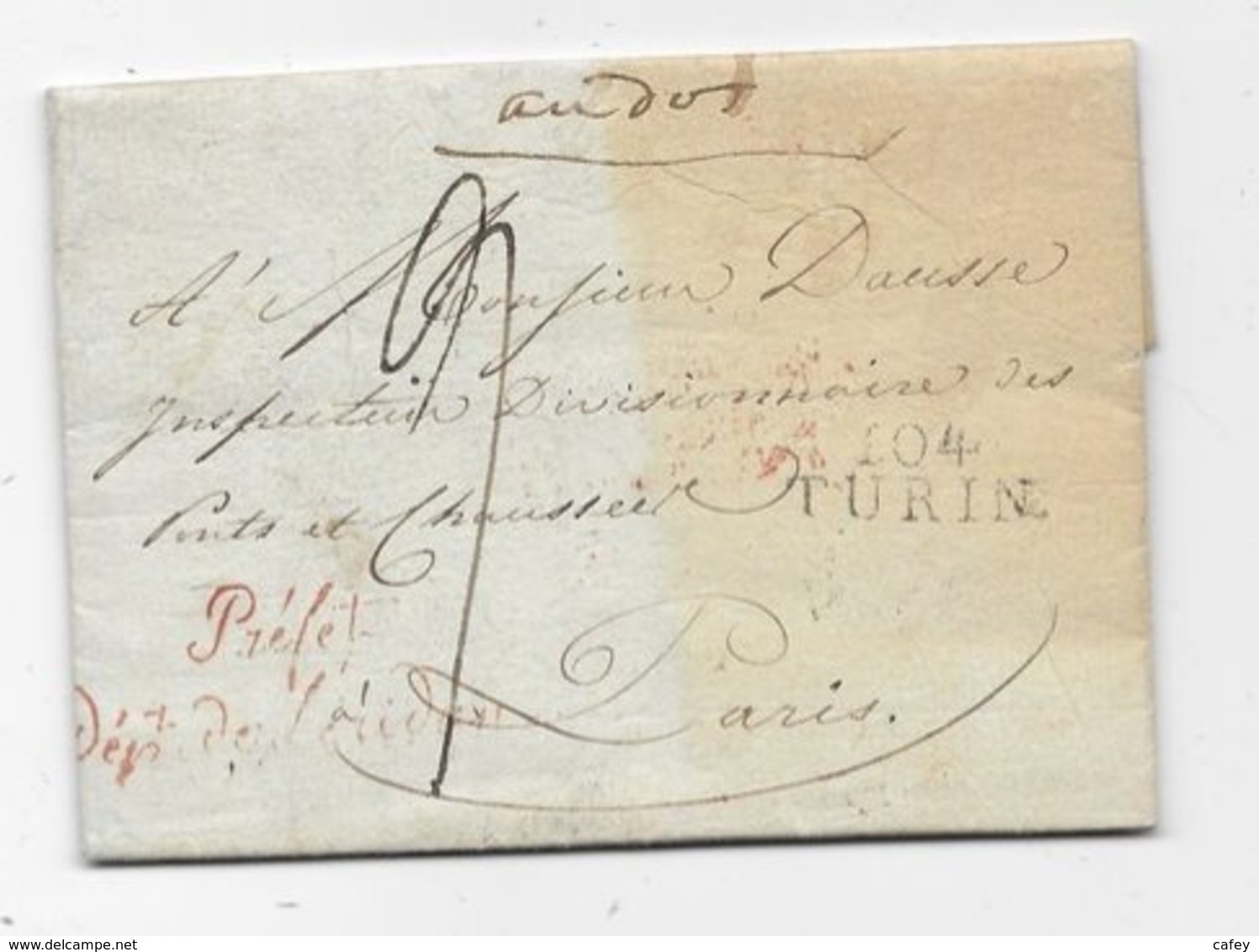 DEPARTEMENT CONQUIS ITALIEN Lettre 1807  Cachet 104 / TURIN Et Franchise PREFET - 1792-1815: Dipartimenti Conquistati