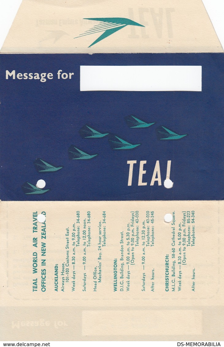TEAL Tasman Empire Airways Australia Flight Informations Message For Passenger, Stationery - Articles De Papeterie