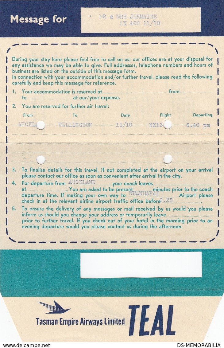 TEAL Tasman Empire Airways Australia Flight Informations Message For Passenger, Stationery - Artículos De Papelería