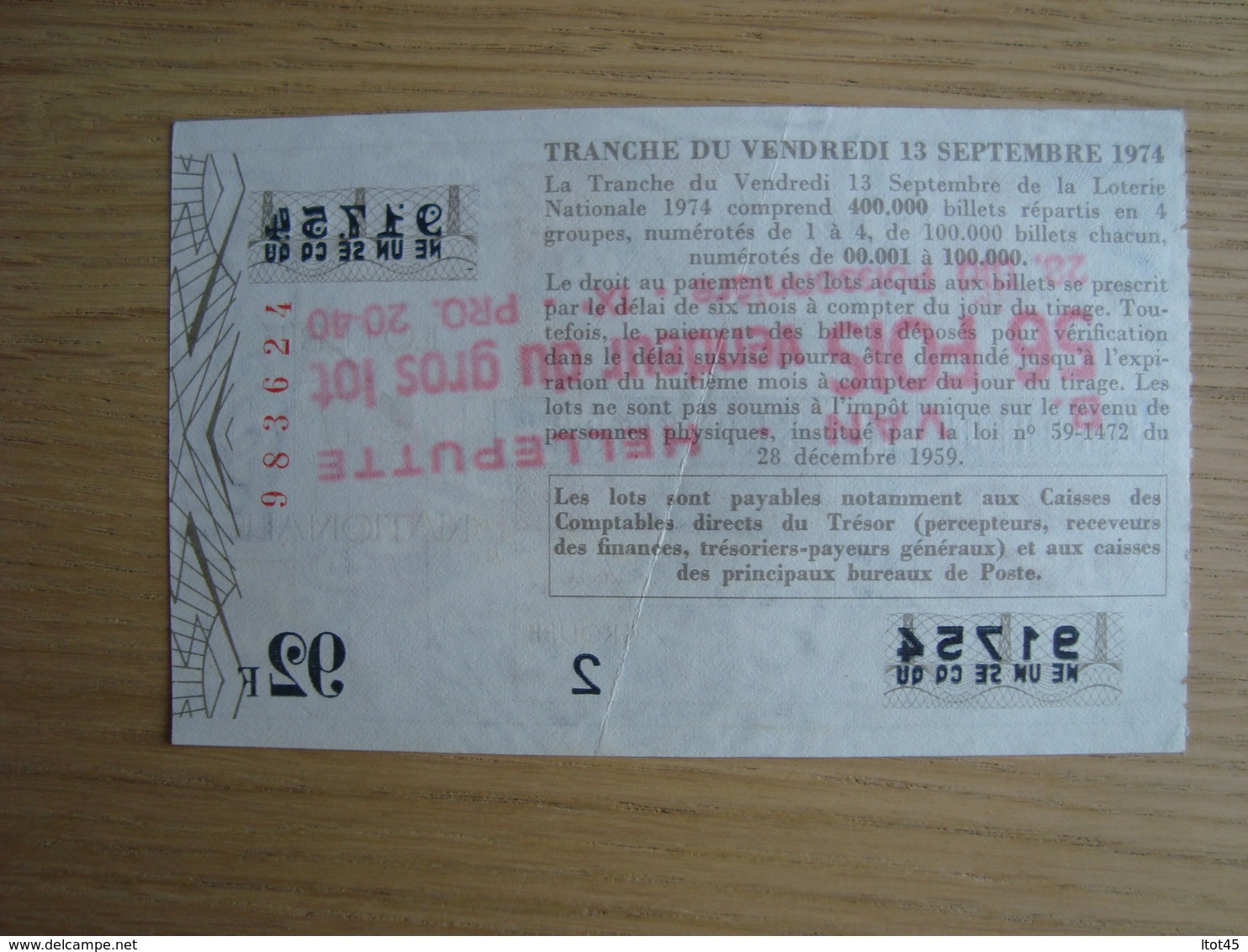 BILLET DE LOTERIE VENDREDI 13 SEPTEMBRE 1974 - Billetes De Lotería