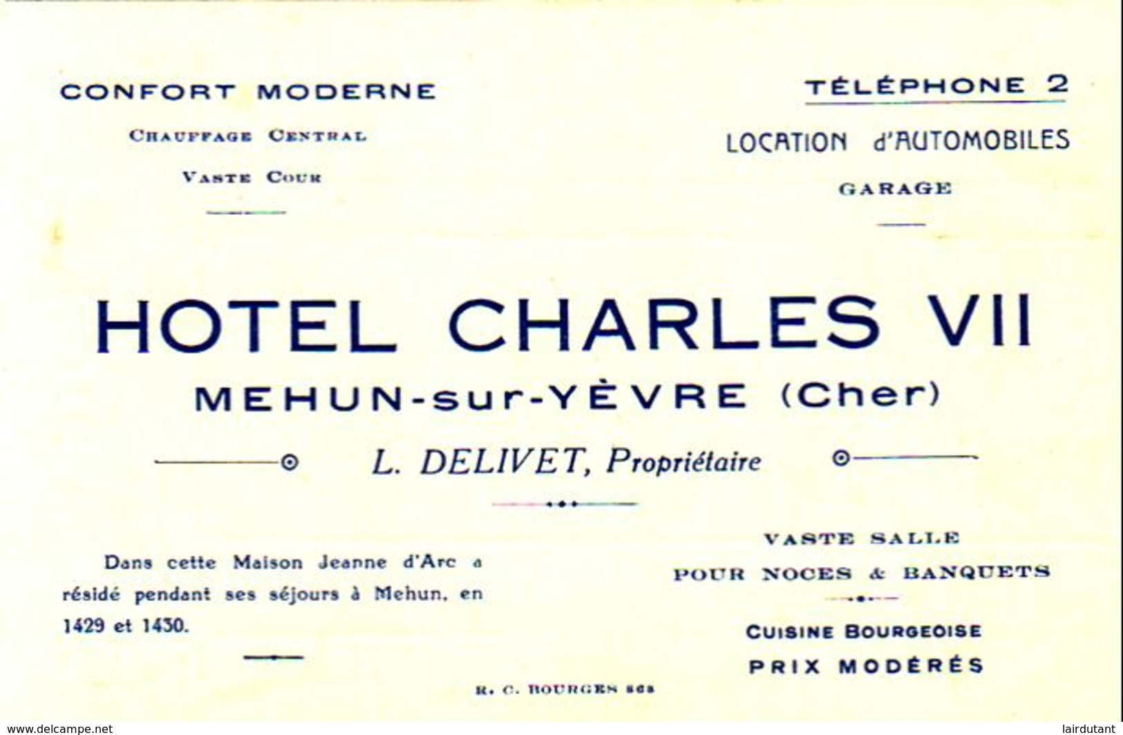 D18  MEHUN SUR YÈVRE  Note De L'Hôtel Charles VII  .............format 8 X 12 Cm Ce N'est Pas Une Carte Postale - Mehun-sur-Yèvre