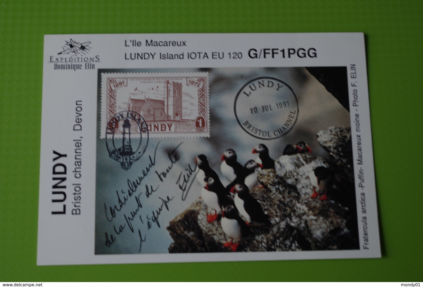 7-203 Lundy 1991 French Spanish Radio Amateur Expedition GB Devon Puffin Lunde Phare Light House Telecom QSL - Pingouins & Manchots