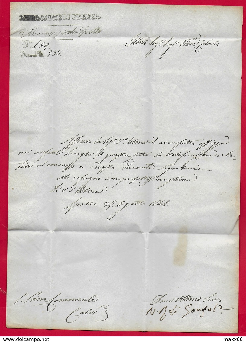 PREFILATELICA - PONTIFICIO - 1848 Lettera Con Testo SPELLO CALVI DELL'UMBRIA - Bollo Postale FOLIGNO SPELLO - 1. ...-1850 Prefilatelia