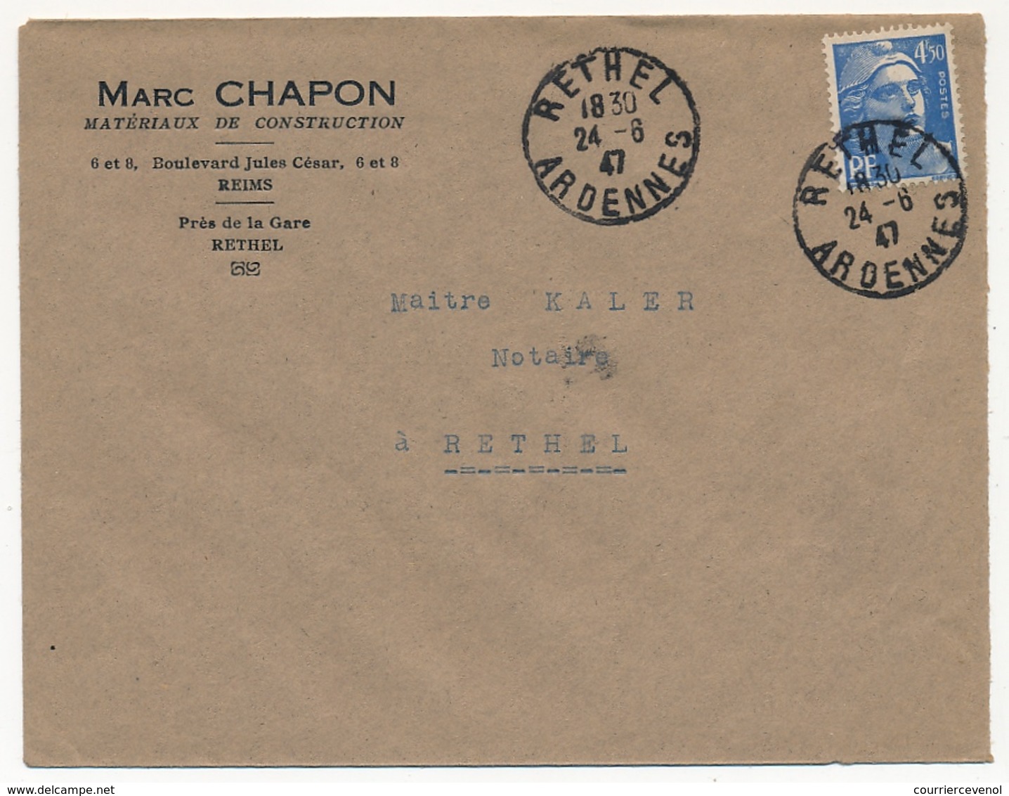 FRANCE - Env. Affr 4,50 F Gandon Seul S/l RETHEL (Ardennes) 1947 - En Tête Marc Chapon Matériaux Construction - 1945-54 Marianna Di Gandon