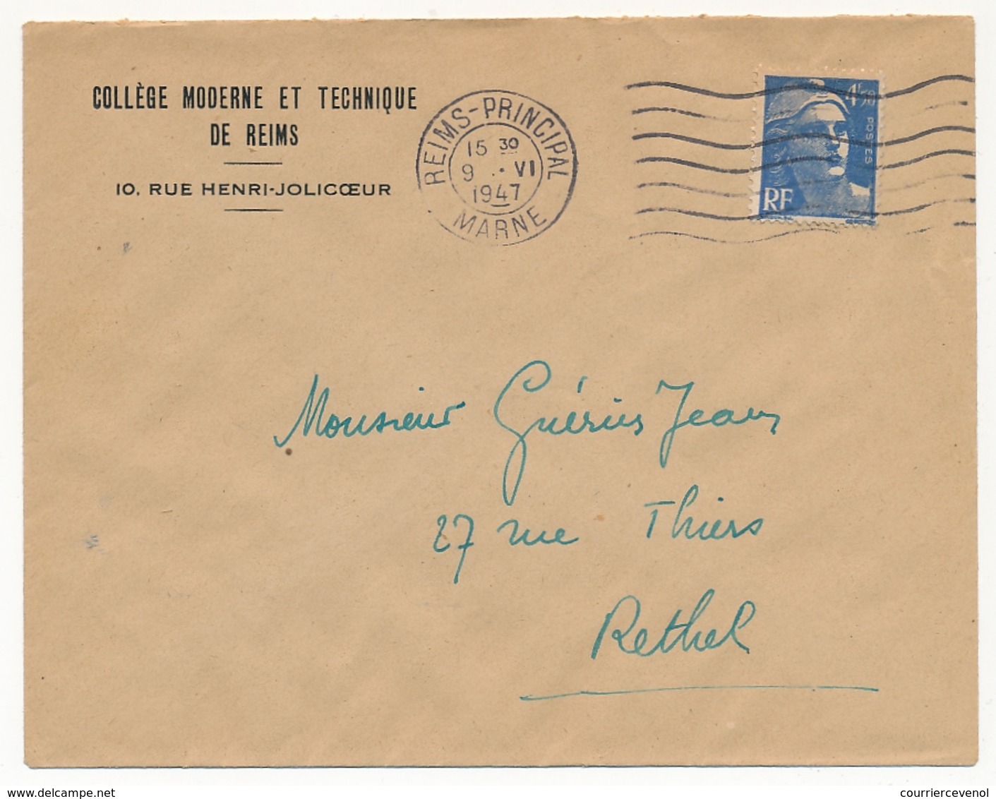 FRANCE - Env. Affr 4,50 F Gandon Seul S/l OMEC Reims Principal 1947 / En Tête Collège Moderne Et Technique REIMS - Other & Unclassified