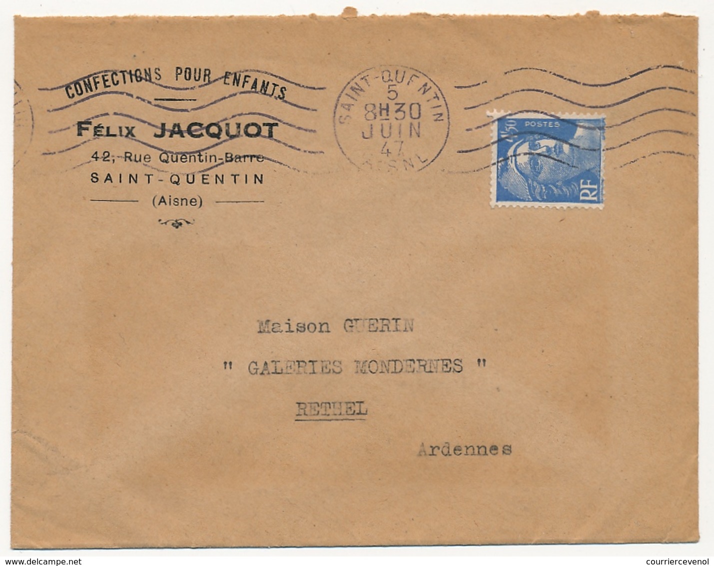 FRANCE - Env. Affr 4,50 F Gandon Seul S/l OMEC St Quentin Aisne 1947 / En Tête Confection Pour Enfants Jacquot - Andere & Zonder Classificatie