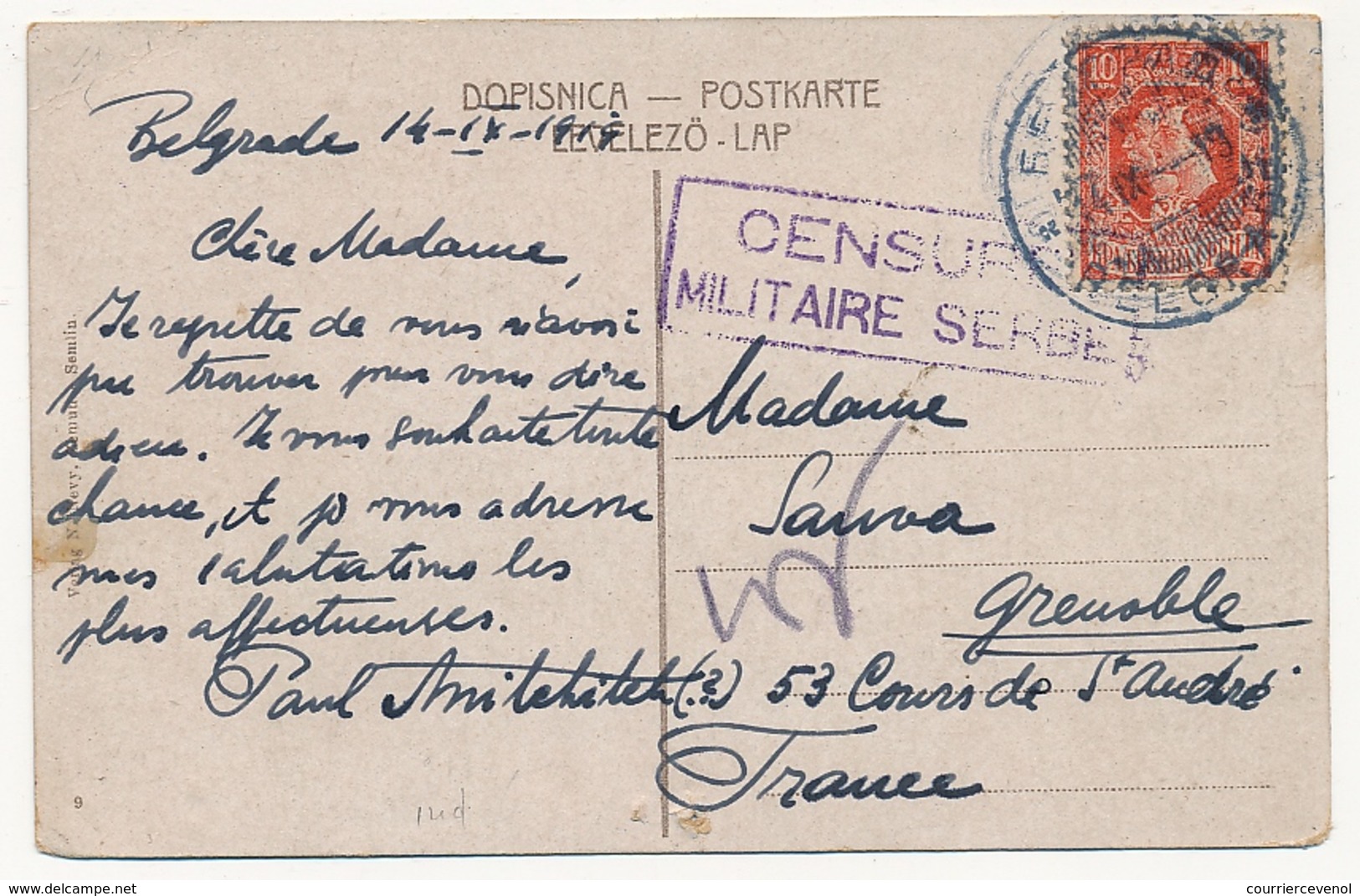 SERBIE - Carte Postale Depuis Belgrade Pour Grenoble - Cachet Rect "Censure Militaire Serbe" 1919 - Serbie