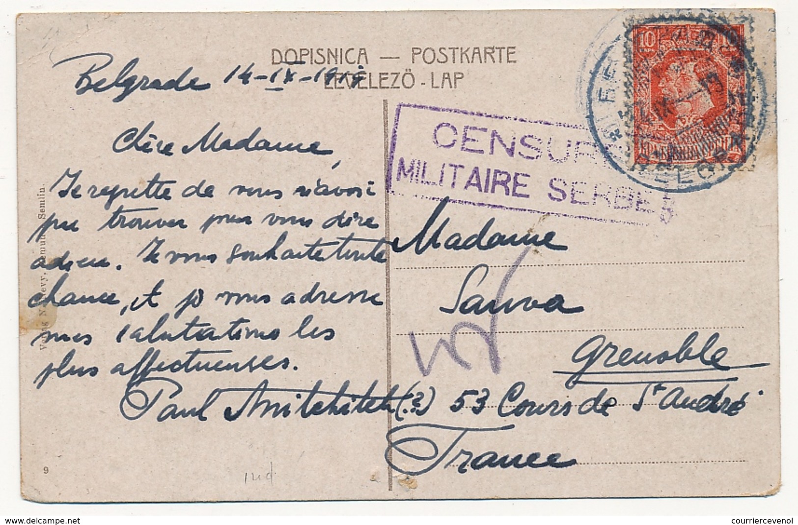 SERBIE - Carte Postale Depuis Belgrade Pour Grenoble - Cachet Rect "Censure Militaire Serbe" 1919 - Serbia