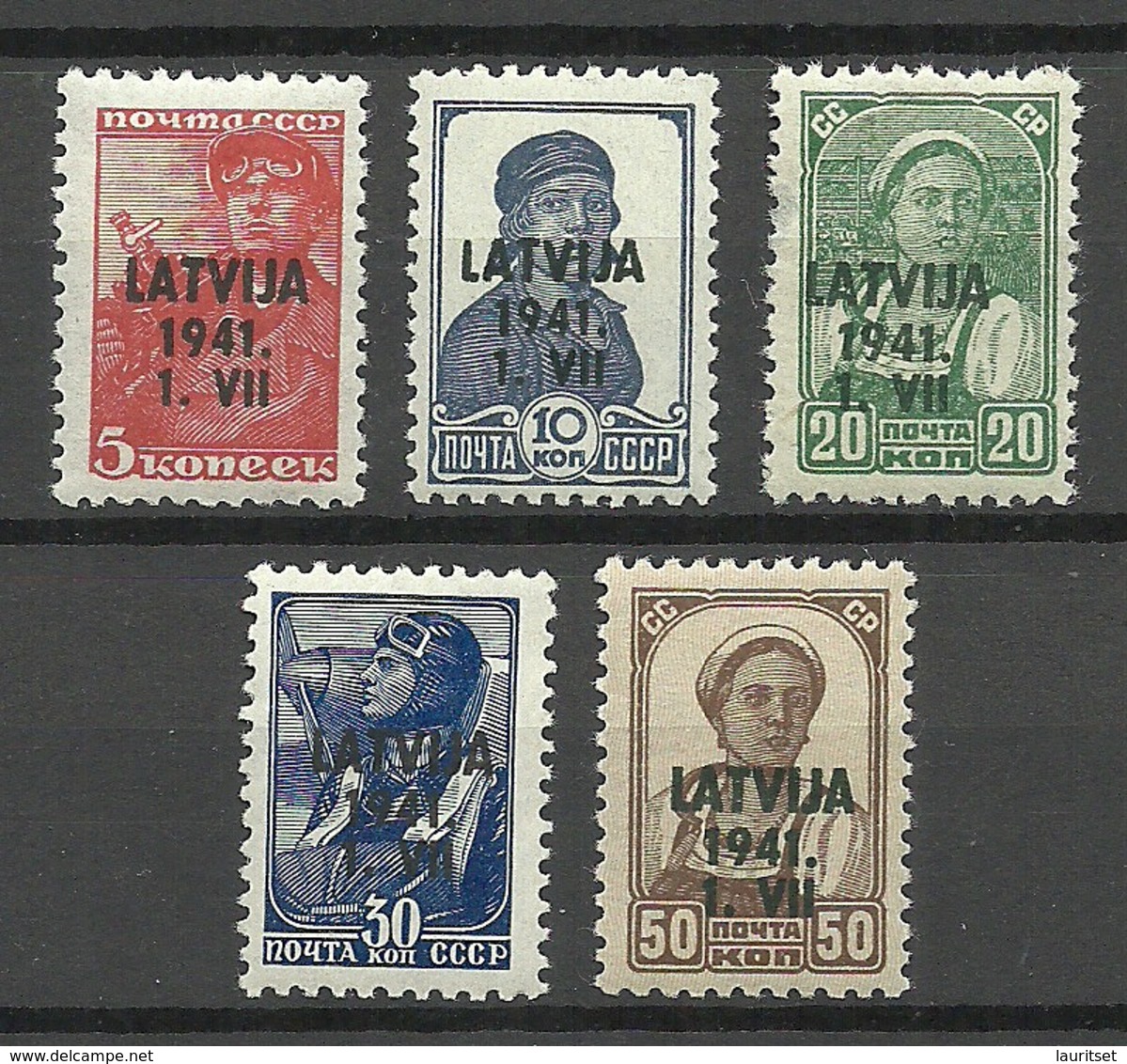 German Occupation Lettland Latvia 1941 = 5 Values From Michel 1 - 6 MNH (1 Stamp Without Gum) - Occupation 1938-45