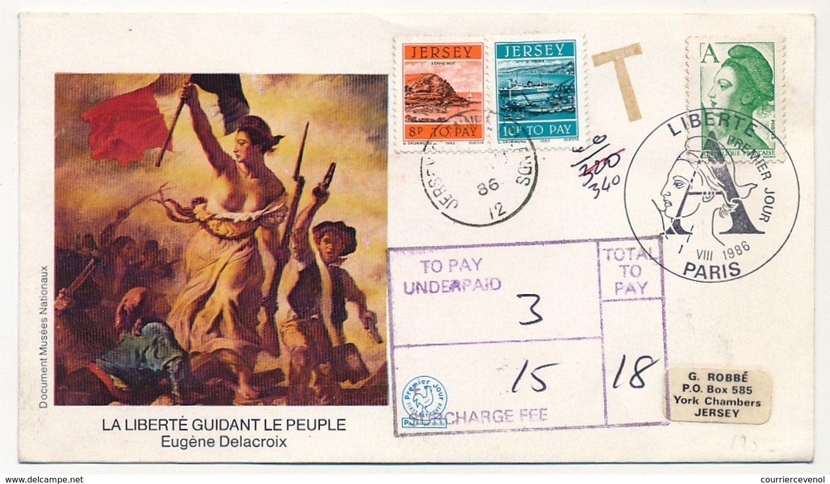 FRANCE - Enveloppe FDC "LIBERTE" A - Premier Jour 1/8/1986 - Taxée à Jersey - 1980-1989