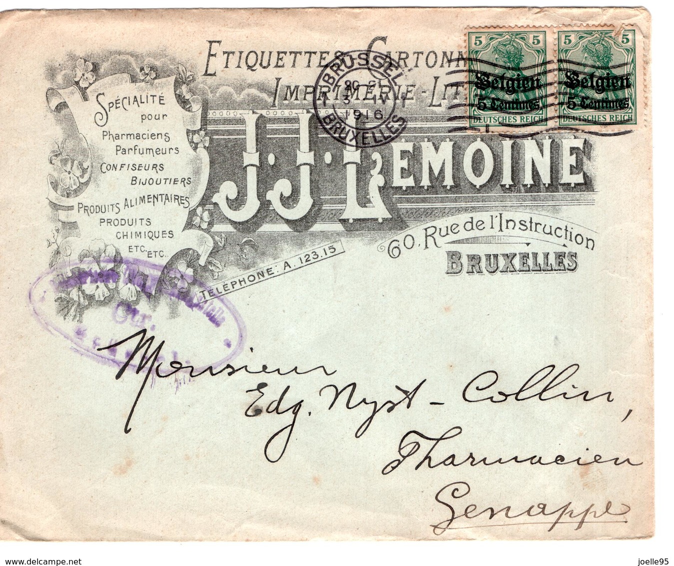 CP BELGIQUE ENTIER POSTAL - Occ. Timbres 2x 5 Centimes Belgien - Bruxelles - 1916 - Genappe - J.J. Lemoine - Occupation Allemande