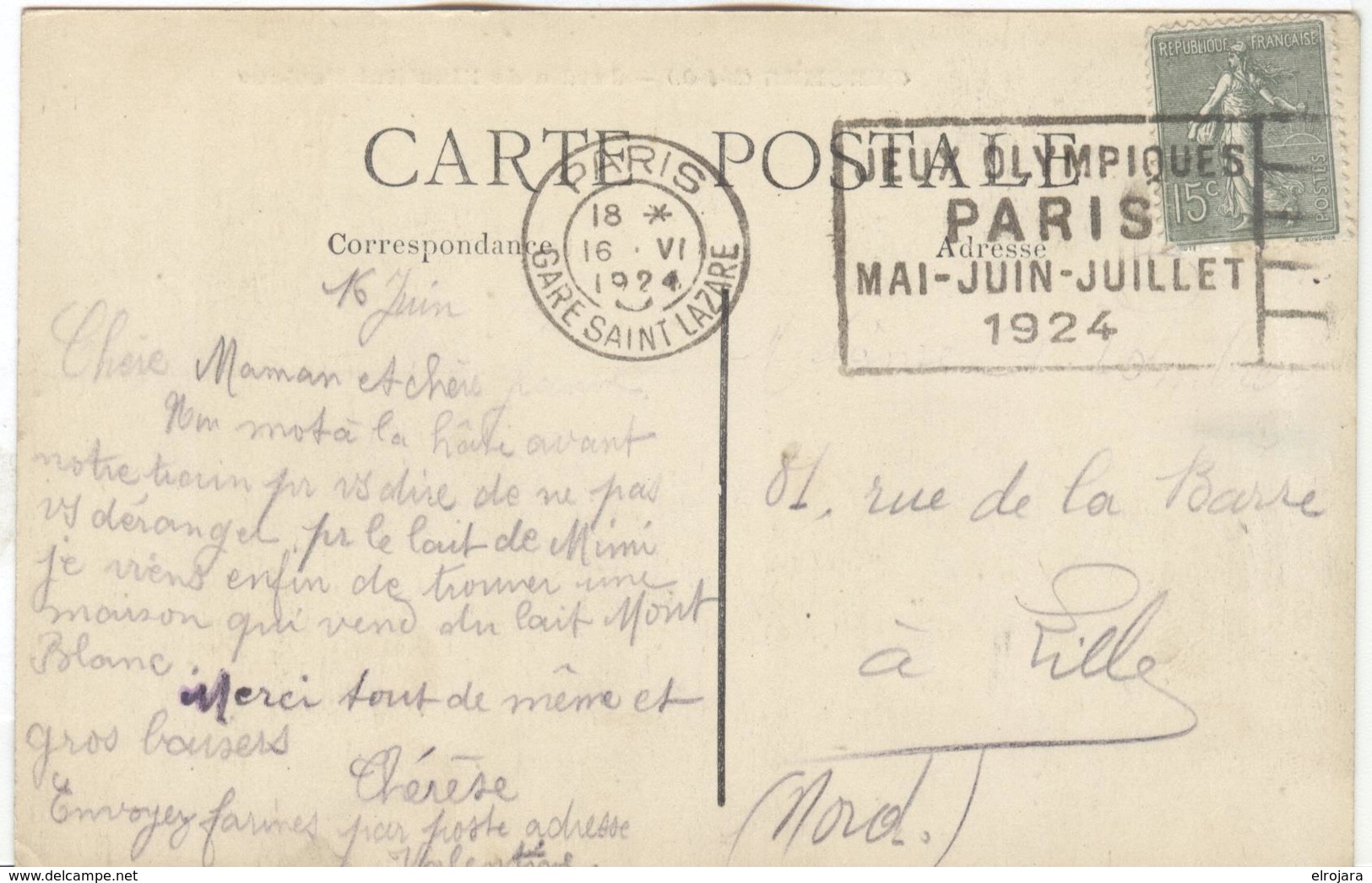 FRANCE Olympic Machine Cancel Paris Gare Saint Lazare On Postcard Of 16 VI 1924 Send During The Olympic Games - Sommer 1924: Paris