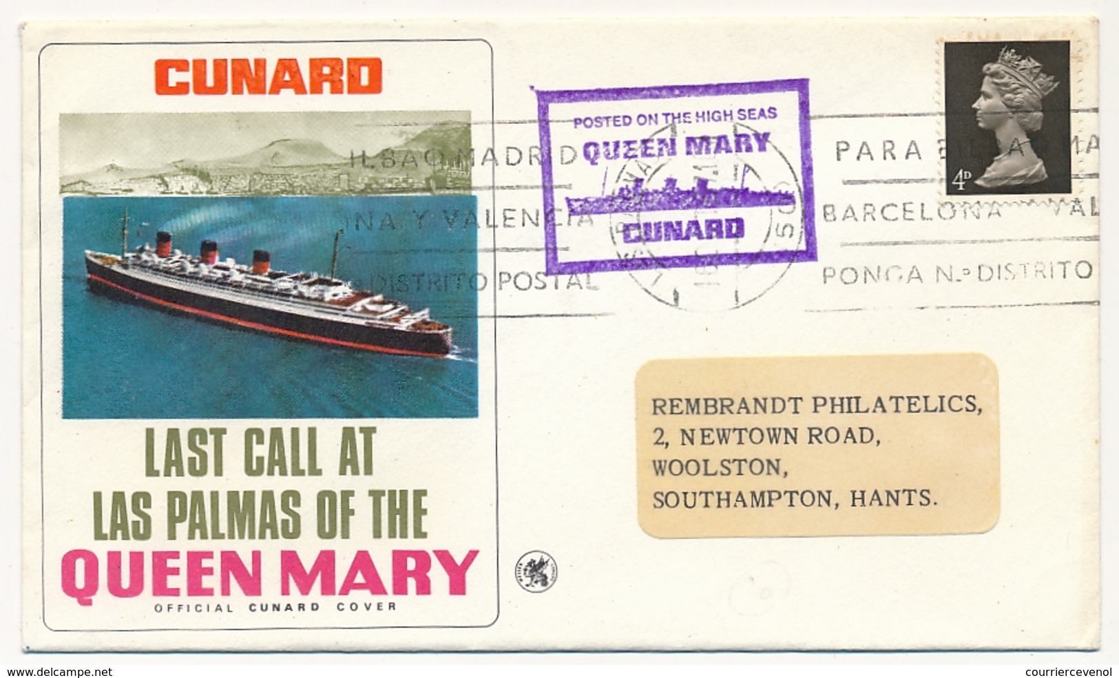 ESPAGNE - LAS PALMAS => Env Affr TP Anglais, Cachet "Posted On The High Seas QUEEN MARY CUNARD" - Bateaux