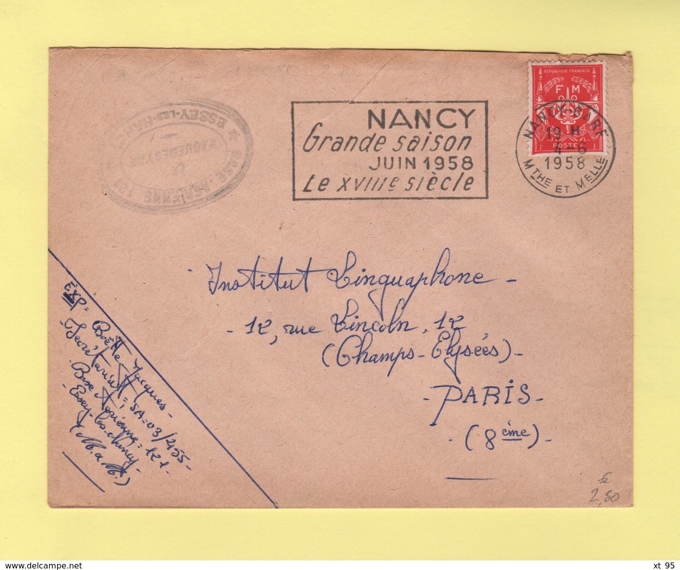 Base Aerienne 121 - Essey Les Nancy - 1958 - Timbre FM - Nancy Grande Saison Juin 1958 Le XVIIIe Siecle - Timbres De Franchise Militaire