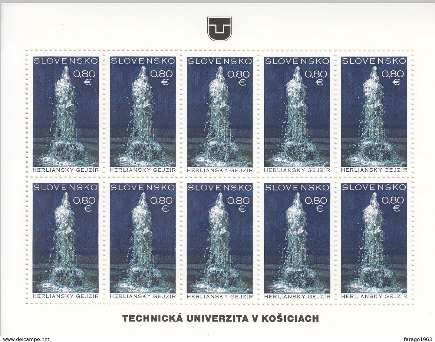 2016 Slovakia Herl'any Geyser Miniature Sheet Of 10 MNH  @ BELOW FACE VALUE - Blocchi & Foglietti