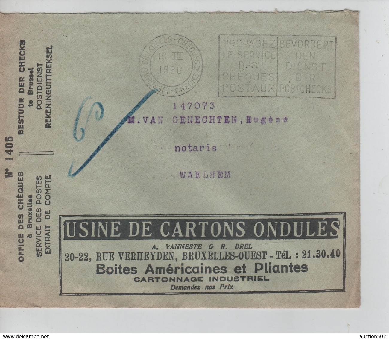 182PR/ Office Des Chèques Postaux BXL  Lettre Publicitaire Usines Cartons C.BXL Chèques 1938 > Waelhem - Post Office Leaflets
