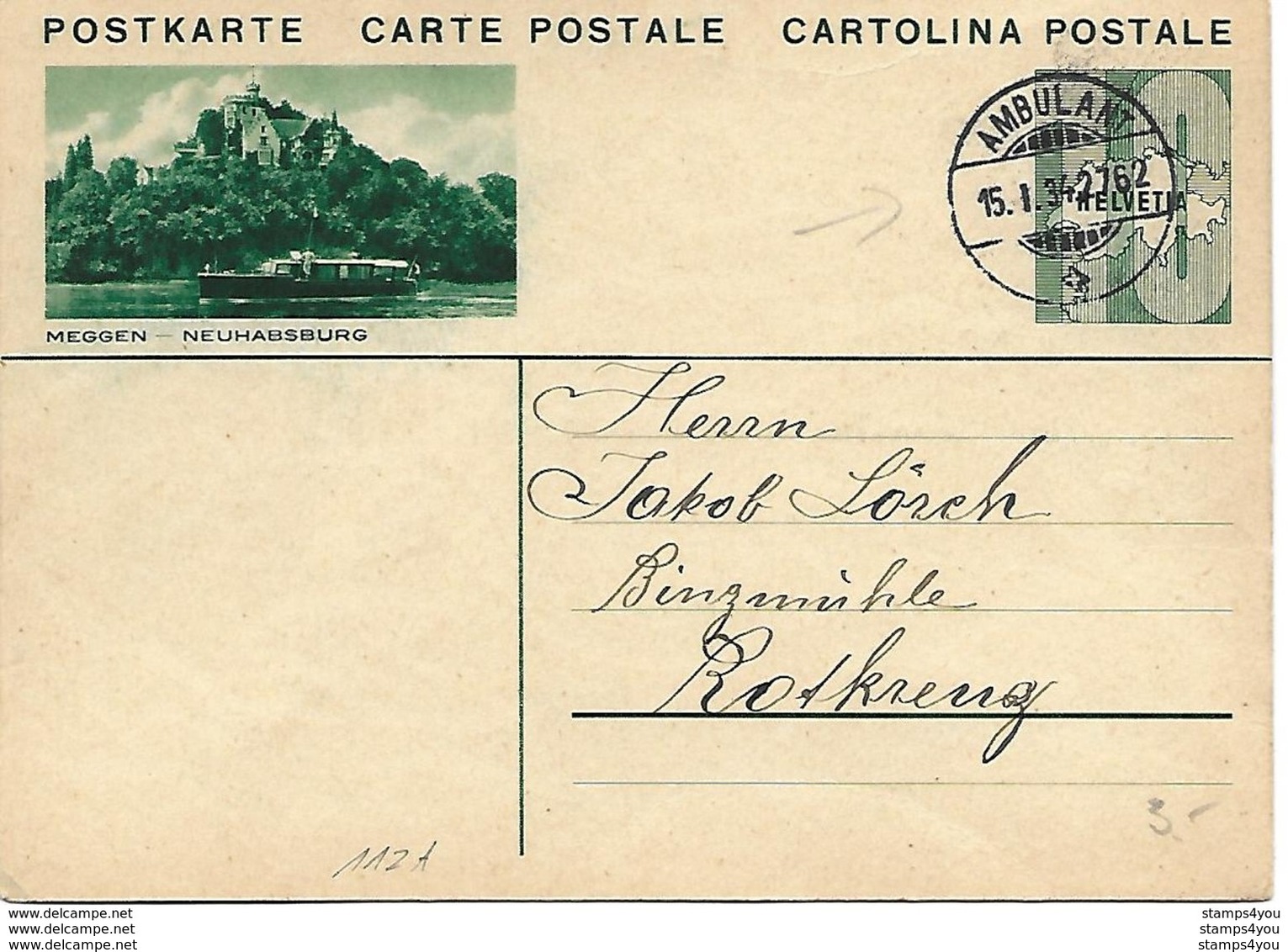 164 - 34 - Entier Postal Avec Illustration "Meggen" Avec Cachet à Date Ambulant 1934 - Postwaardestukken