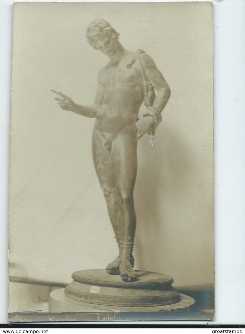 Italy Bronze Statue Of Narcissus Postcard Rp Unused Due Spade - Storia