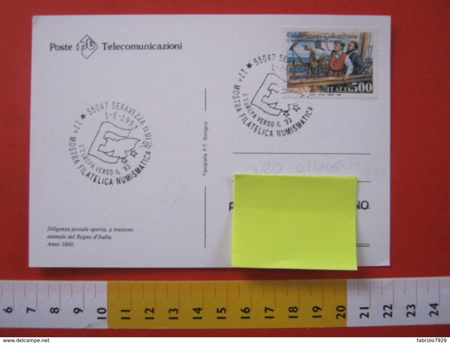 A.12 ITALIA ANNULLO 1992 SERAVEZZA LUCCA EUROPA VERSO IL '93 CARD POSTE DILIGENZA POSTALE POSTA 1860 - Poste & Postini