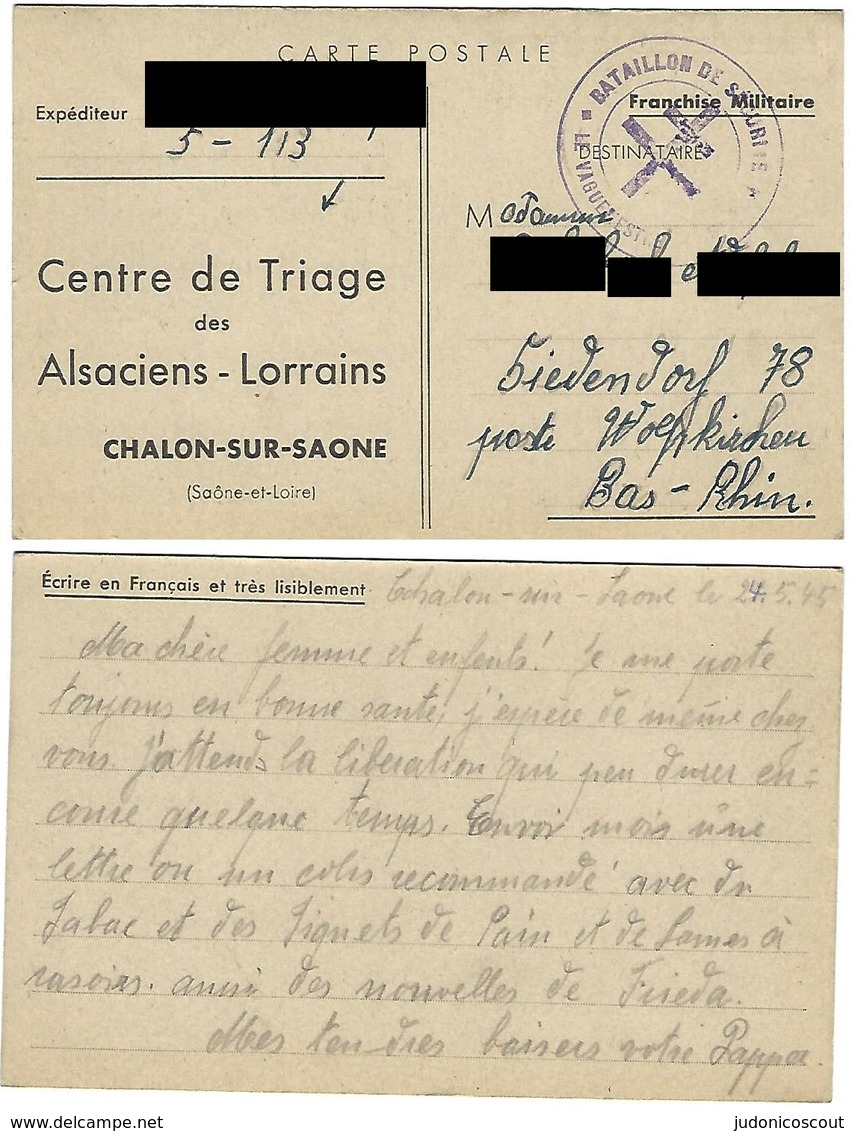 Correspondance En Provenance Du Centre De Triage Des Alsaciens-Lorrains Chalon-sur-Saône - 24.5.1945 - Libération