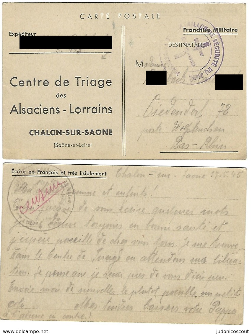 Correspondance En Provenance Du Centre De Triage Des Alsaciens-Lorrains Chalon-sur-Saône - 17.5.1945 - Libération