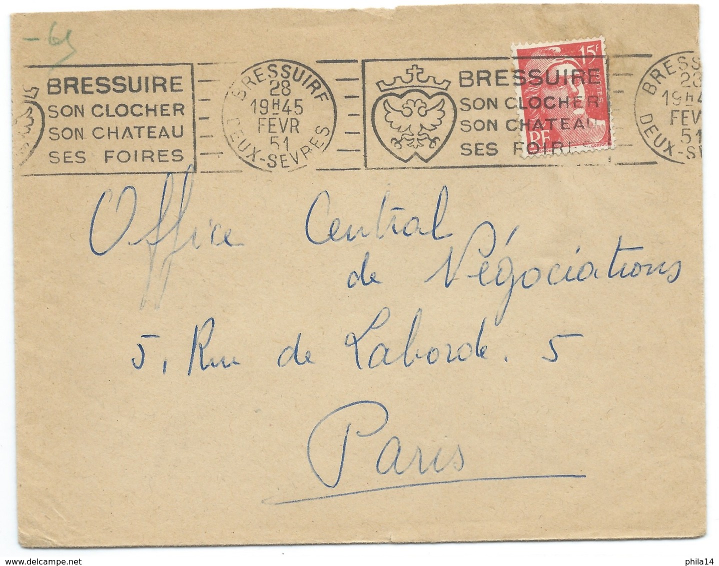 MARIANNE DE GANDON SUR ENVELOPPE / BRESSUIRE POUR PARIS / 1951 - 1921-1960: Période Moderne