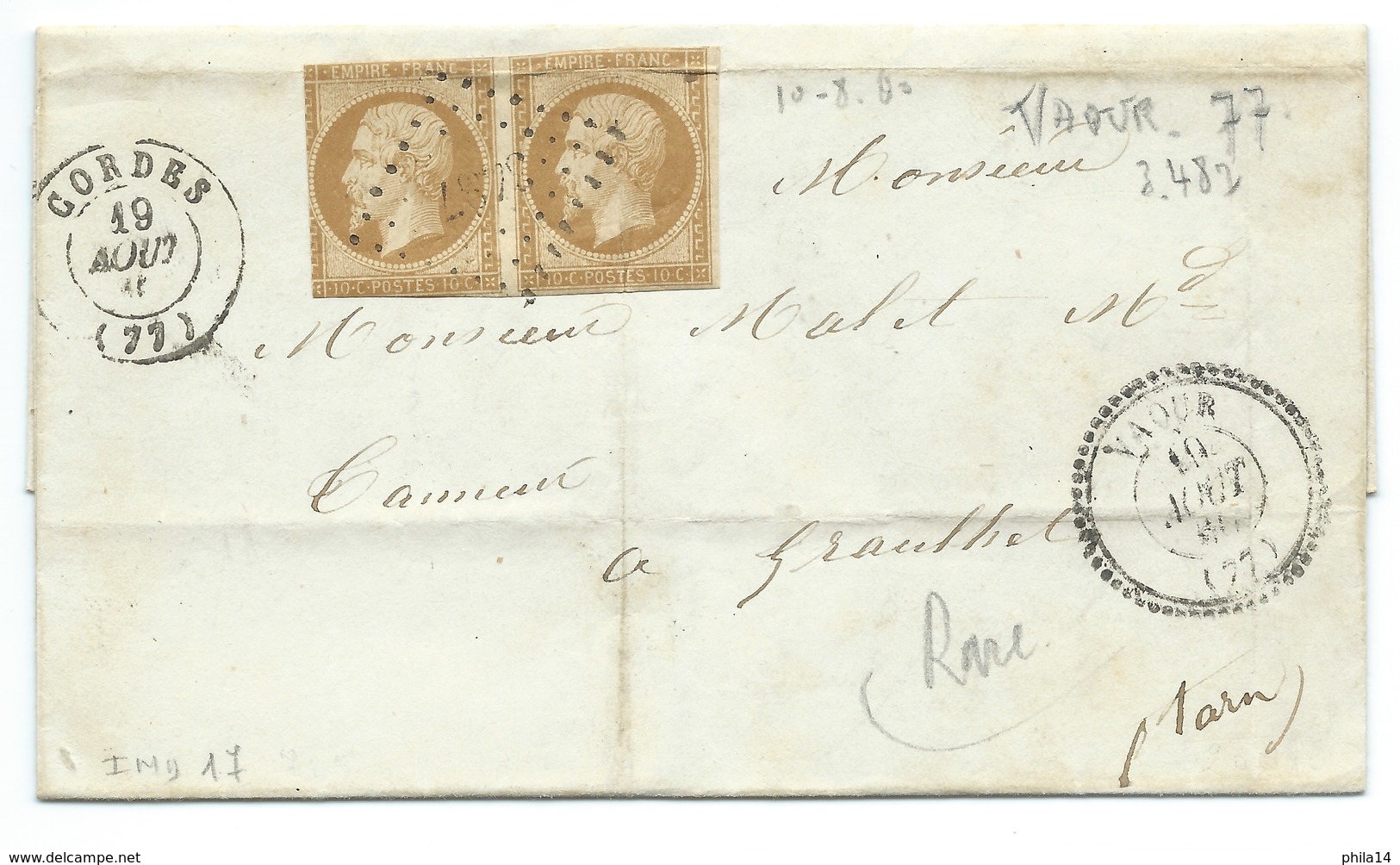 N° 13 SUR LETTRE / VAOUR CORDES TARN POUR GRAULHET / 1860 / PC 3487 INDICE 16 - 1849-1876: Période Classique