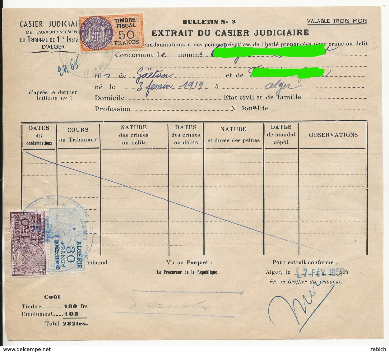 TIMBRES FISCAUX MIXTE ALGERIE/ MONACO 195 Serie Unifiee N°12 50F Orange + ALGERIE 150F Violet  Et 30F Bleu - Revenue