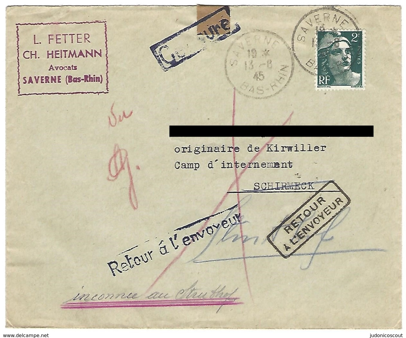 Lettre De Saverne à Destination Du Camp D'internement De Schirmeck - 13.8.1945 - CENSURE - Befreiung