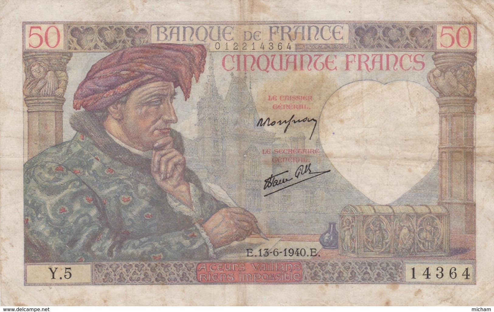 Billet France  50 Francs Jacques Coeur - E.13- 6 1940 . E  -  Y 5  Ce Billet A  Circulé - 50 F 1940-1942 ''Jacques Coeur''