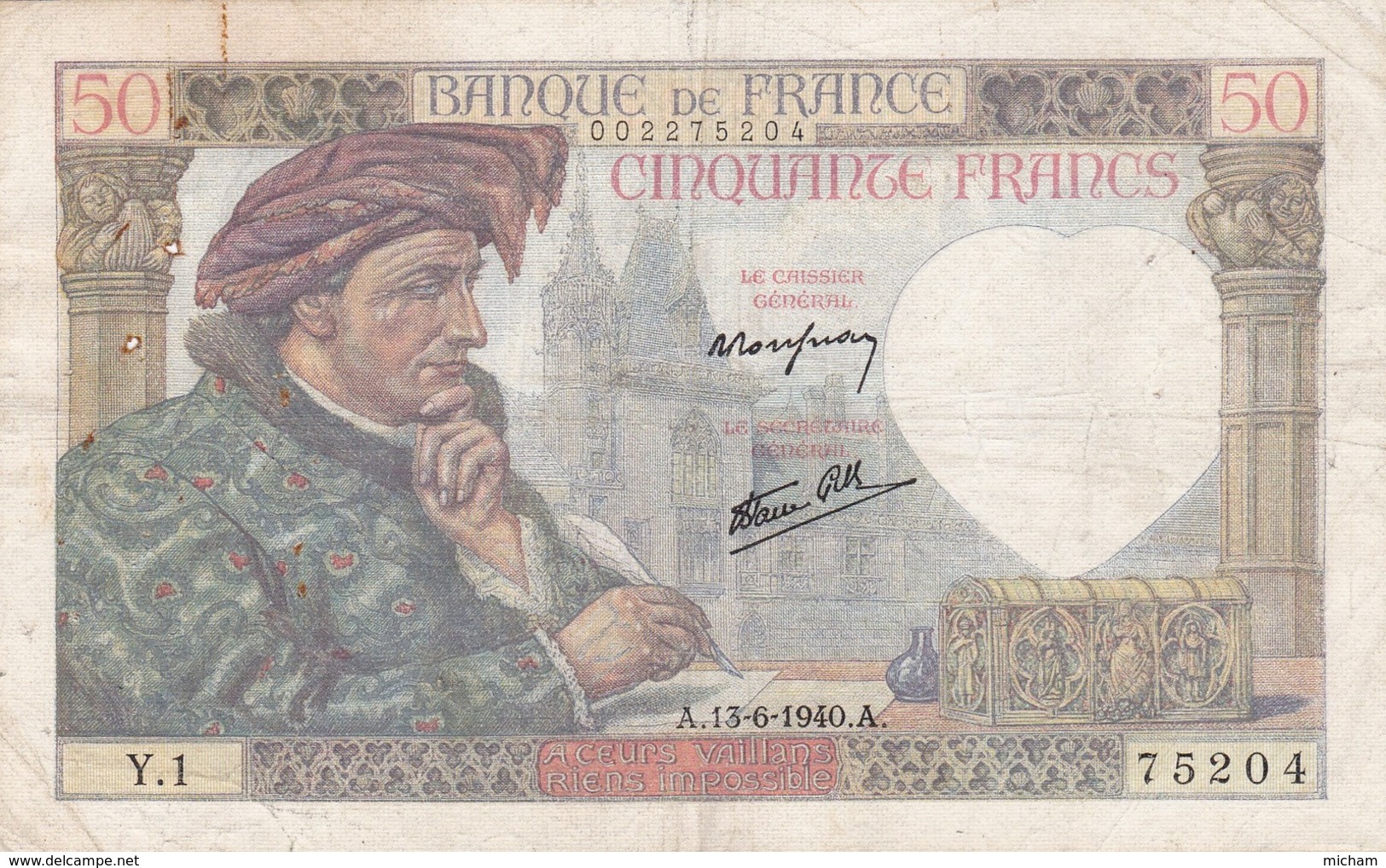 Billet France  50 Francs Jacques Coeur - A . 13- 6 1940 A  - Y . 1 Ce Billet A  Circulé - 50 F 1940-1942 ''Jacques Coeur''