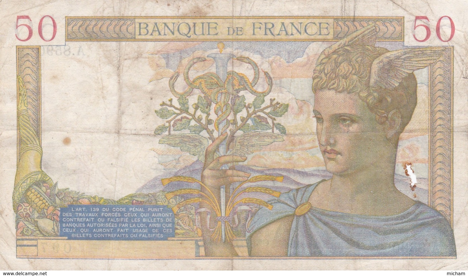 Billet France  50 Francs Ceres  CX . 6 - 10  1938 A . 8590 -  Ce Billet A  Circulé - 50 F 1934-1940 ''Cérès''