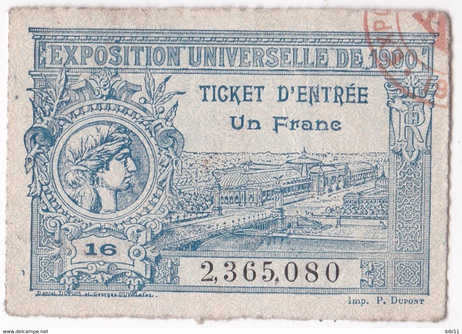 Exposition Universelle De 1900. Ticket D'entrée. Un Franc - Autres & Non Classés