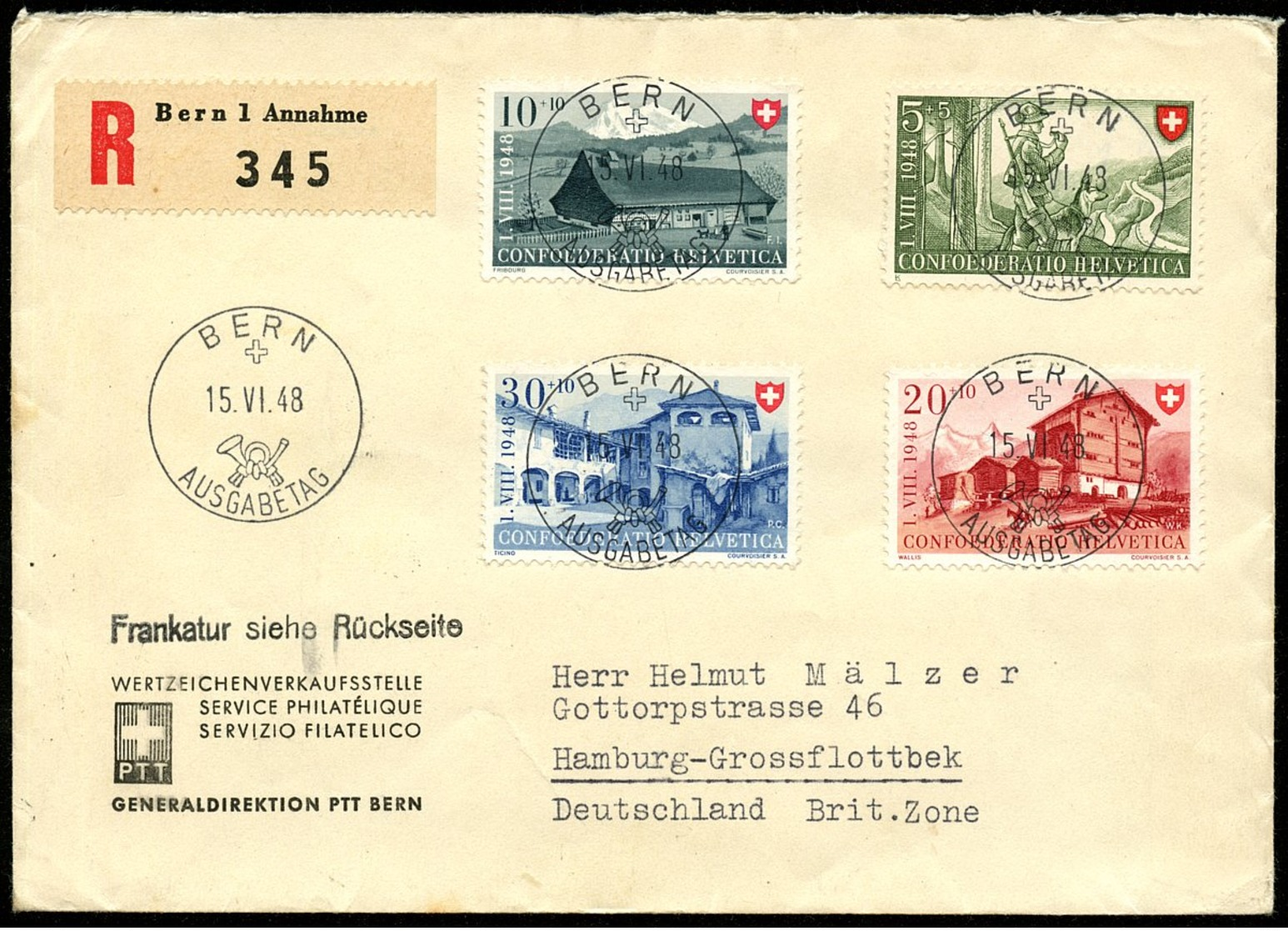 SCHWEIZ 1948, R- ERSTTAGSBRIEF,MIT NR. 508-11 PRO PATRIA NACH HAMBURG, TOPP! - Other & Unclassified