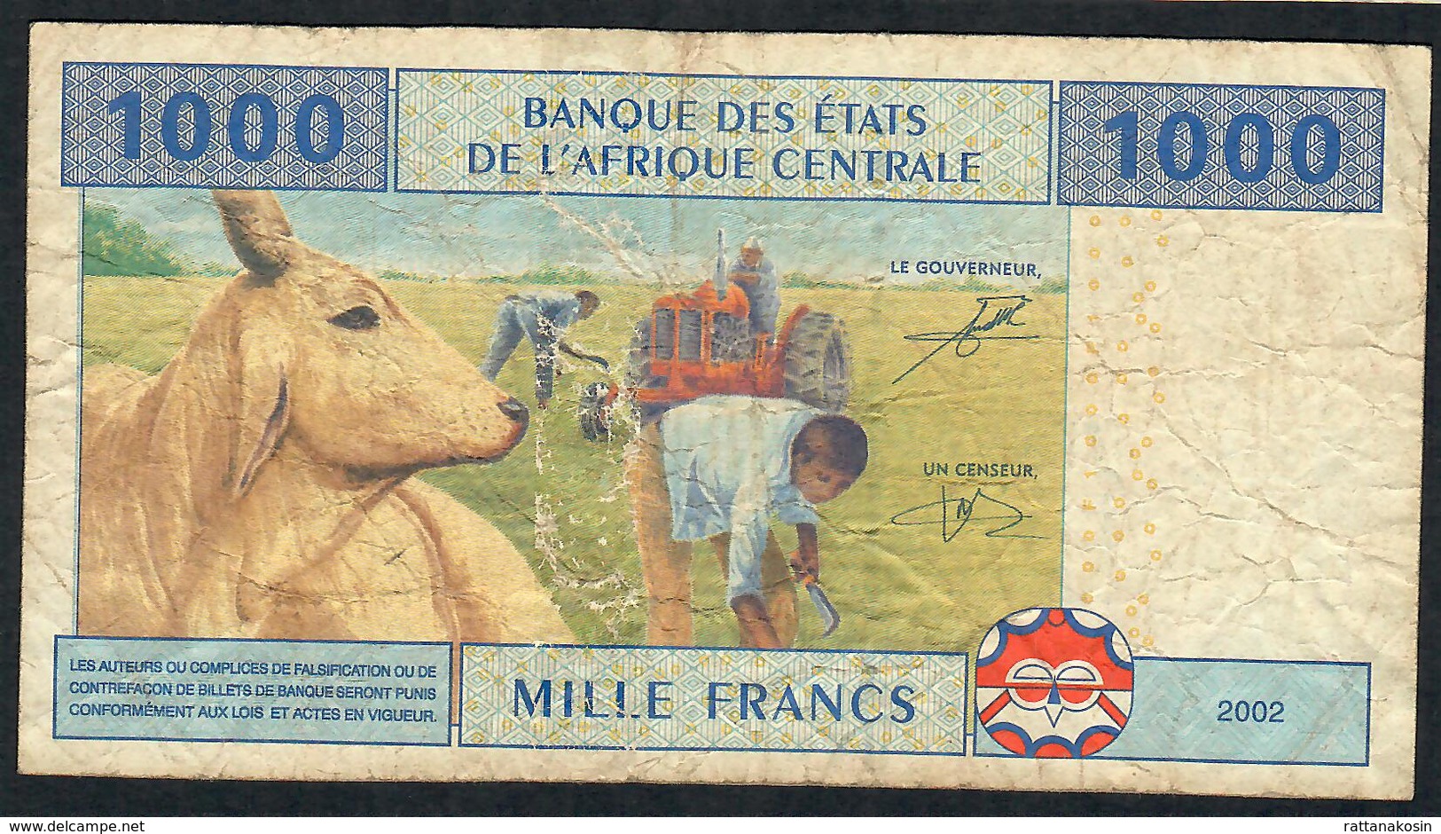 C.A.S. GABON P407Ab 1000 FRANCS 2002  UNCOMMON Signature 9      AVF     NO P.h. - États D'Afrique Centrale