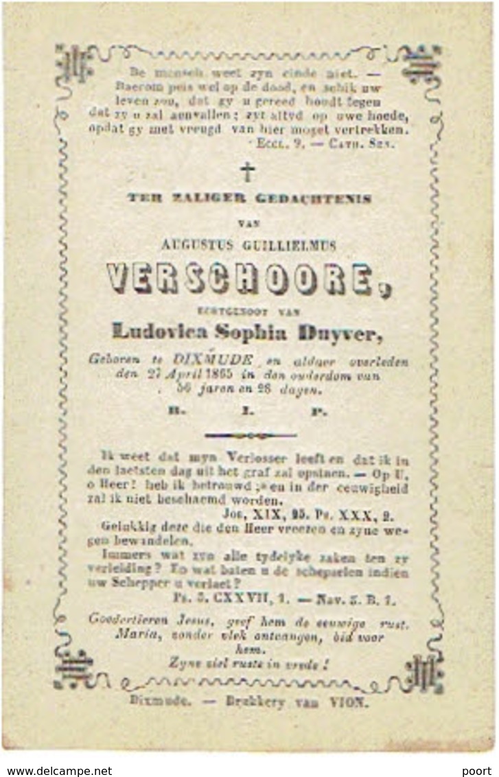 DIKSMUIDE - Augustus VERSCHOORE - (echtgen. L. Duyver) - Overleden 1865 - Images Religieuses