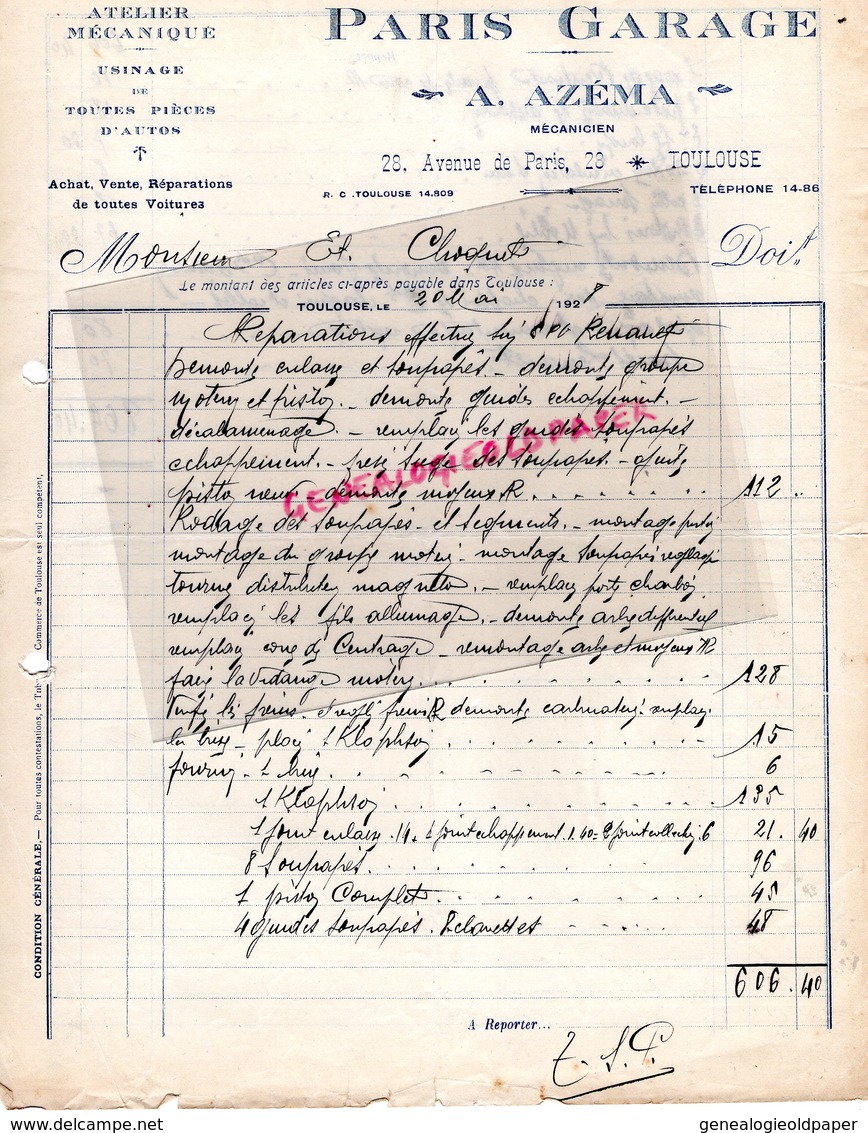 31- TOULOUSE - RARE FACTURE A. AZEMA- PARIS GARAGE- MECANICIEN- 28 AVENUE DE PARIS- 1928 - Automobile