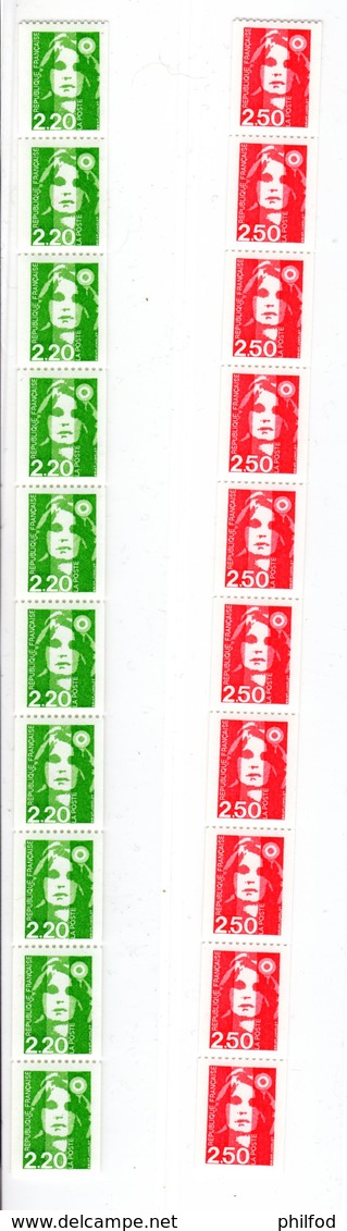 1991 - LOT De 2 BANDES DE 10 ROULETTES MARIANNE DE BRIAT - Rouge 2.50 F Et Vert 2.20 F - Y&T 2718 Et 2719 - Francobolli In Bobina