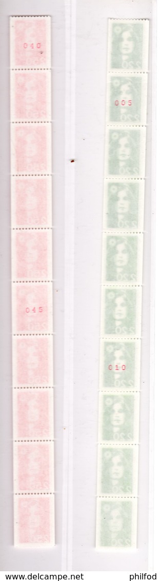 1991 - LOT De 2 BANDES DE 10 ROULETTES MARIANNE DE BRIAT - Rouge 2.50 F Et Vert 2.20 F - Y&T 2718 Et 2719 - Rollo De Sellos