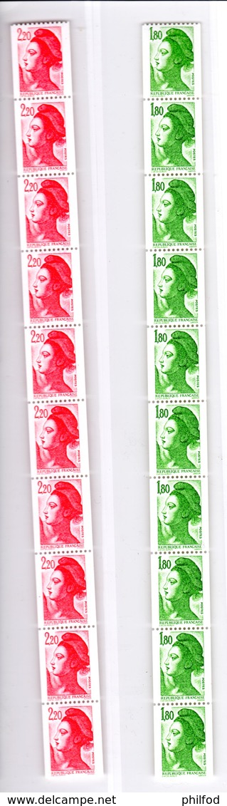 1985 - LOT De 2 BANDES DE 10 ROULETTES LIBERTÉ - Rouge 2.20 F Et Vert 1.80 F - Y&T 2378 Et 2379 - Coil Stamps