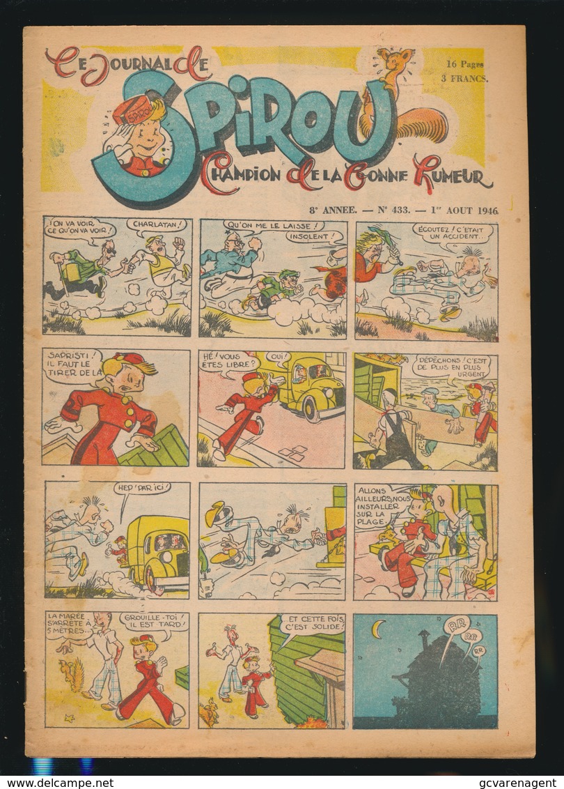 LE JOURNAL DE SPIROU N° 433 1er AOUT 1946  GOEDE STAAT  BON ETAT - PAPIER TRES DEFICILE   2 SCANS - Spirou Magazine