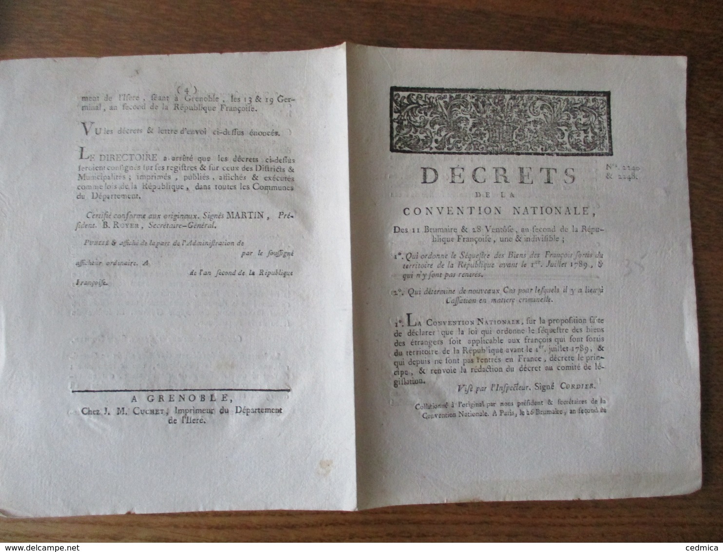 DECRETS DE LA CONVENTION NATIONALE DES 11 BRUMAIRE & 28 VENTÔSE AN SECOND SEQUESTRE DES BIENS DES FRANCAIS SORTIS DU TER - Décrets & Lois