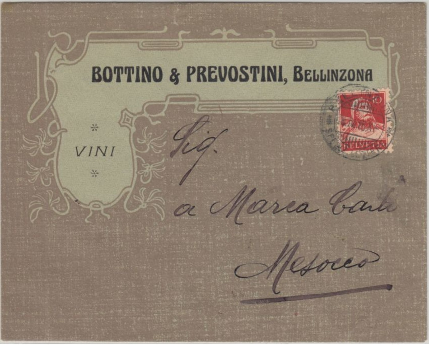 Schweiz - 10 Rp. Tell Illustr. Firmenbrief (Wein) Bellinzona - Mesocco 1915 - Altri & Non Classificati