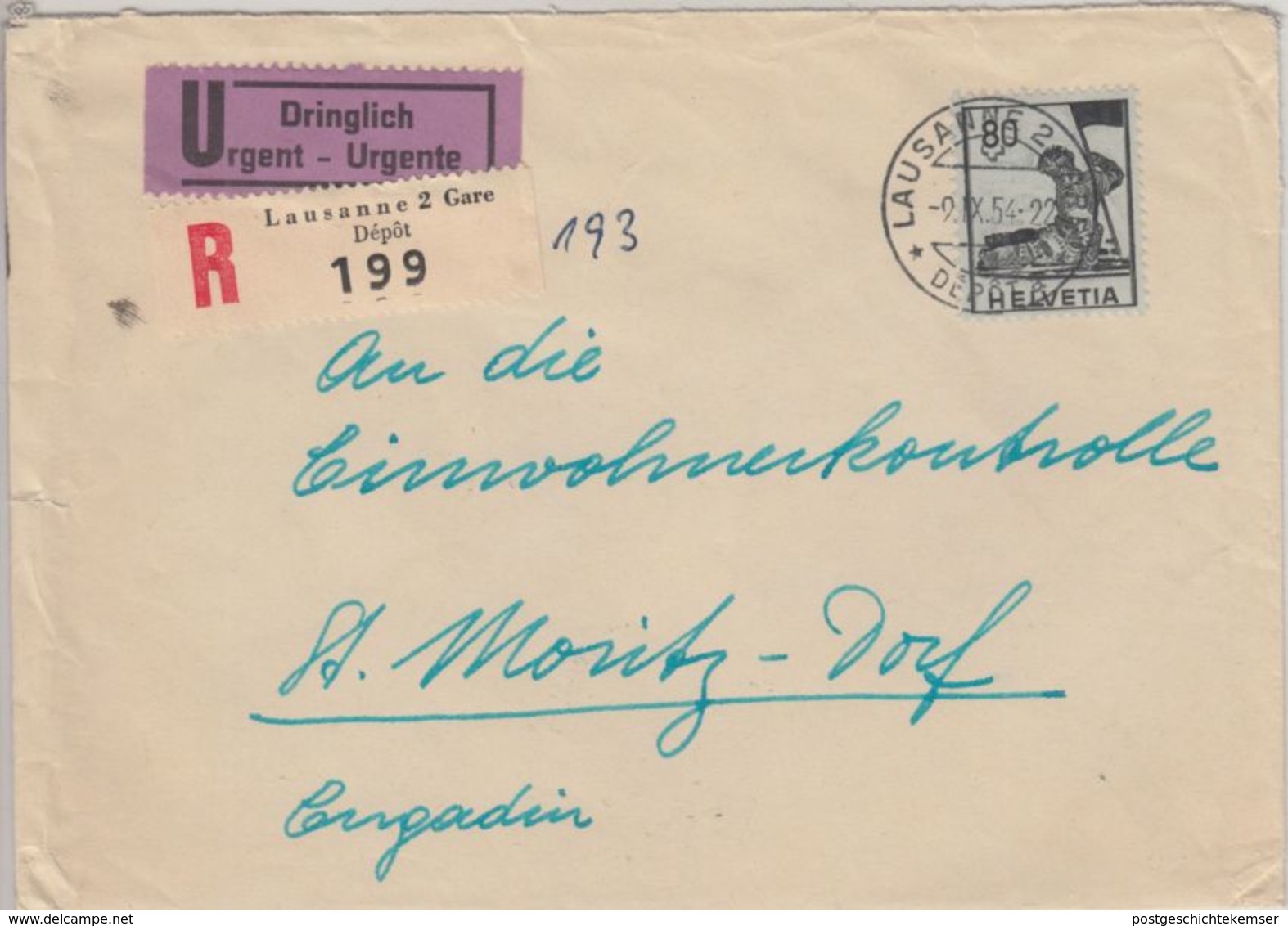 Schweiz - 80 Rp. Hist. Darstellungen Dringend Einschreibebrief Lausanne 1954 N. - Other & Unclassified